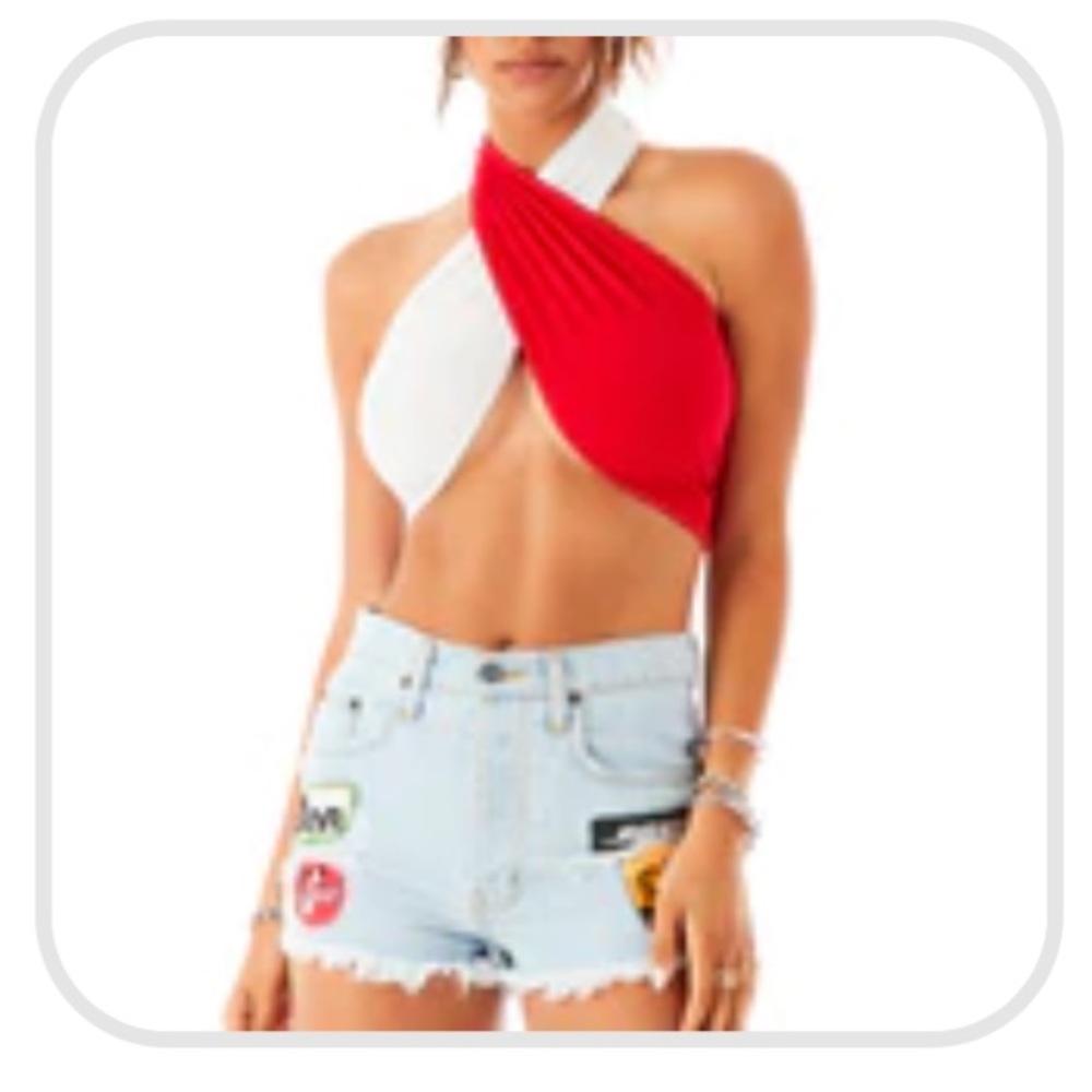 LF Emma & Sam Color Block Halter Wrap Top Red White